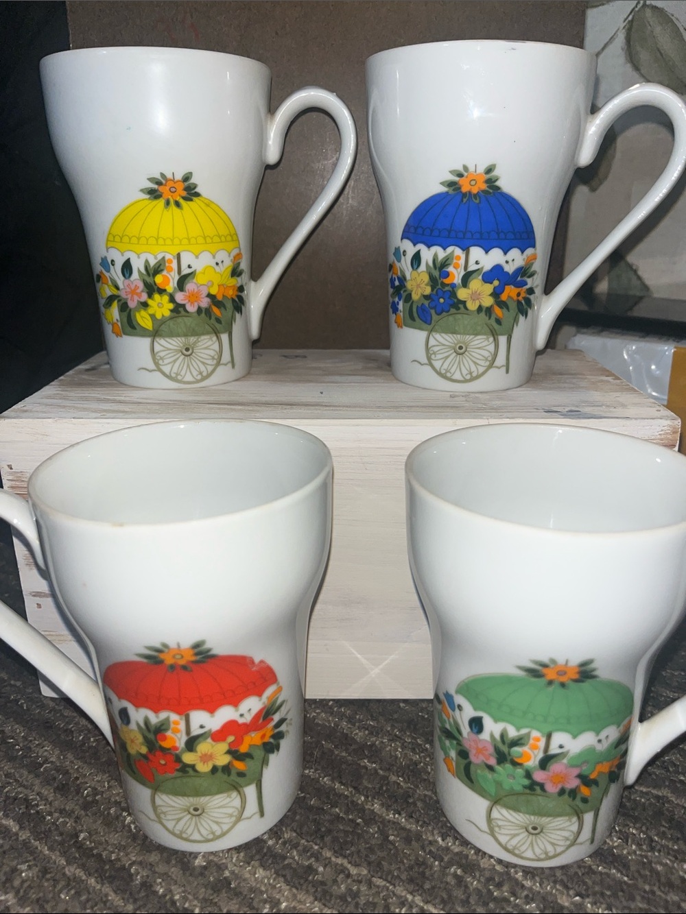 VTG 1960s Stylecraft Floral Cart Mug Set in Yellow, Blue, Red, and Green 466